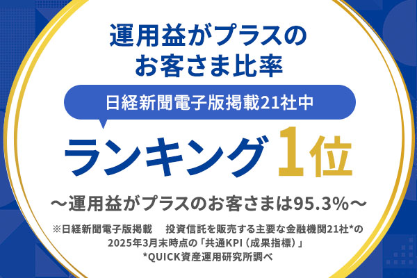 「共通KPI」投資信託の運用損益プラスの顧客割合が95.3%でセゾン投信が1位に(日経新聞電子版掲載) 運用益プラスのお客さま比率 日経新聞電子版掲載21社中ランキング1位